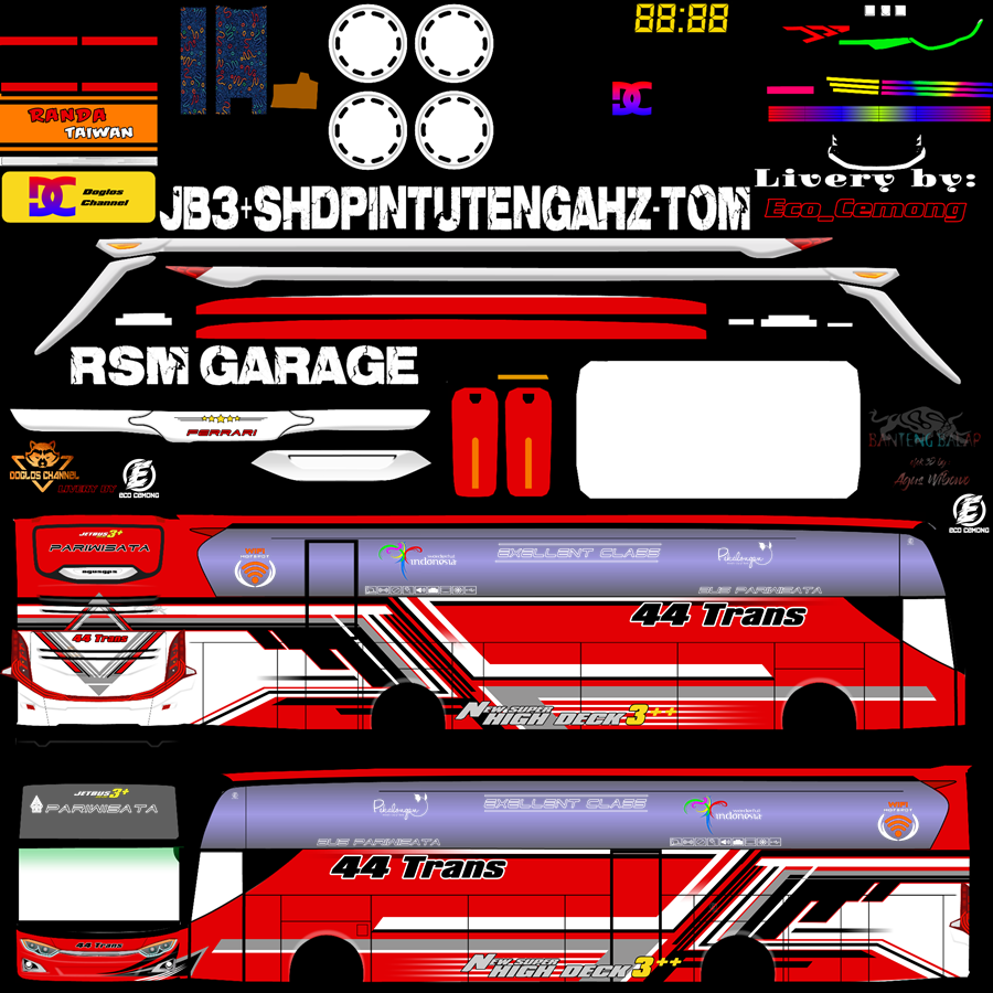 Livery BUSSID JB3+ SHD PINTU TENGAH BY ZTOM CVT RSM GARAGE 44 Trans Ferrari
